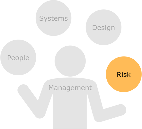 Diagram of a person labelled management, who is juggling balls that are labelled people, systems, design and risk. the ball labelled risk is highlighted and everything else is faded out